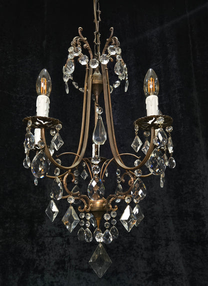 Beautiful Vintage Italian 5 Arm Brass Crystal Cage Chandelier Ceiling Light