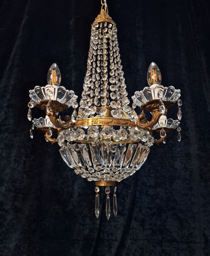 Traditional Antique French 5 Arm 6 Light Crystal Brass Montgolfiere Chandelier