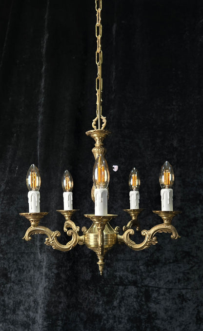 Classical Vintage French 5 Arm Brass Rococo Style Chandelier Ceiling Light