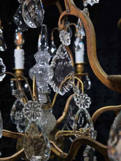 Stunning Antique French 6 Arm Cage Bronze Crystal Chandelier Ceiling Light