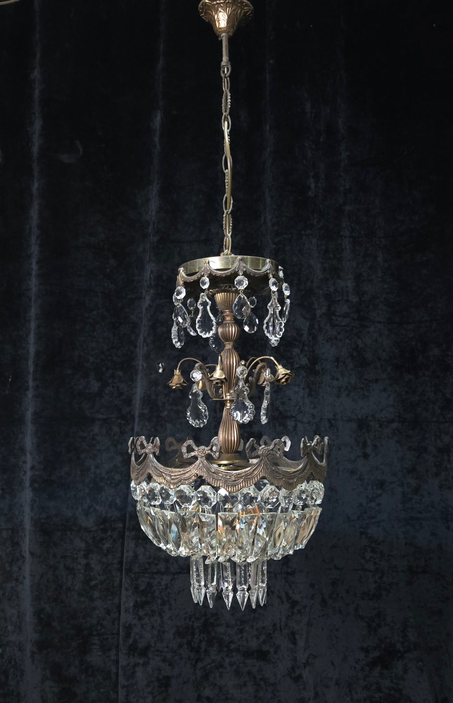 Beautiful Vintage Italian Brass 3 Light Crystal Bag Bows and Roses Chandelier