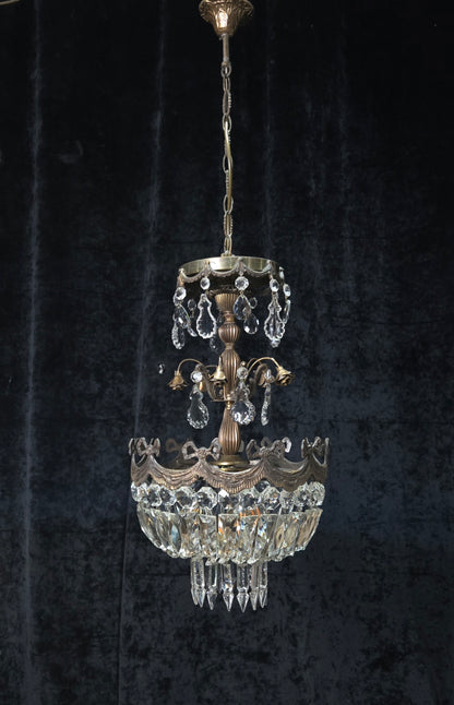 Beautiful Vintage Italian Brass 3 Light Crystal Bag Bows and Roses Chandelier