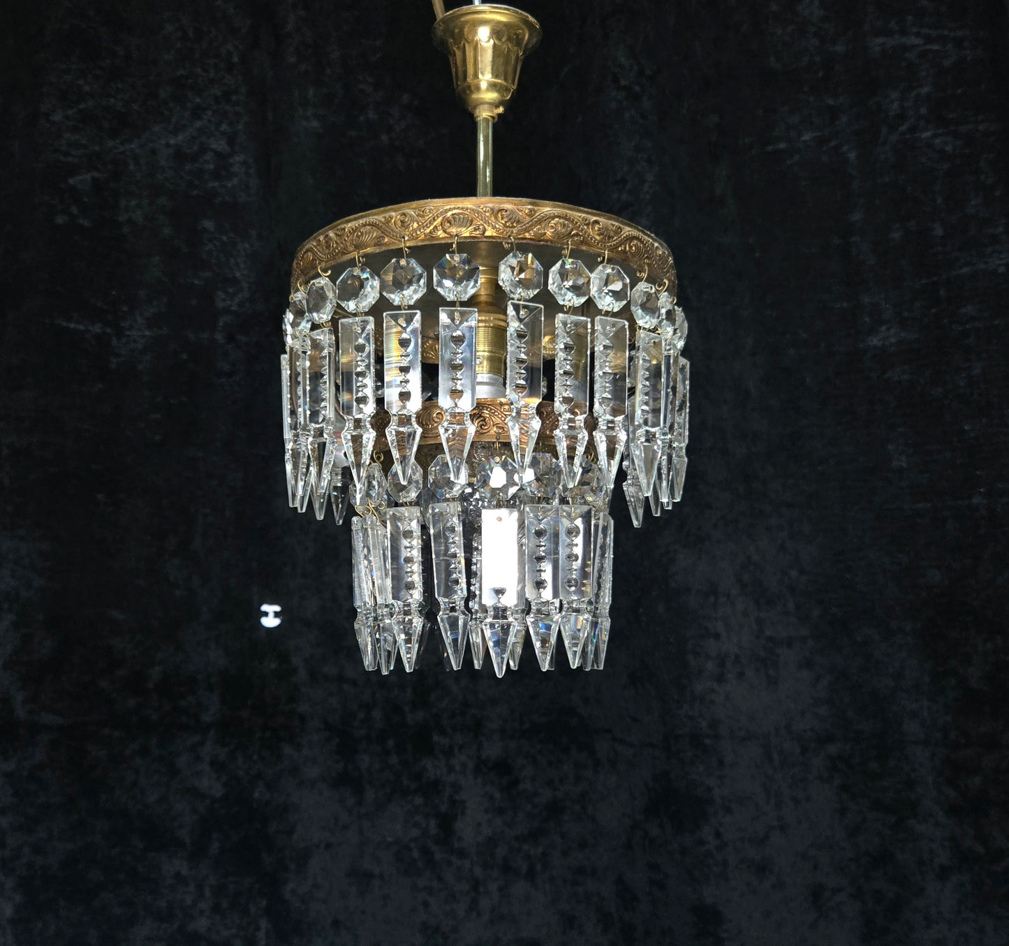 Beautiful Vintage French 2 Tier Waterfall Crystal Brass 1 Light Flush Chandelier