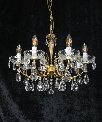 Beautiful Vintage Italian 8 Arm Brass Glass Crystal Chandelier Ceiling Light