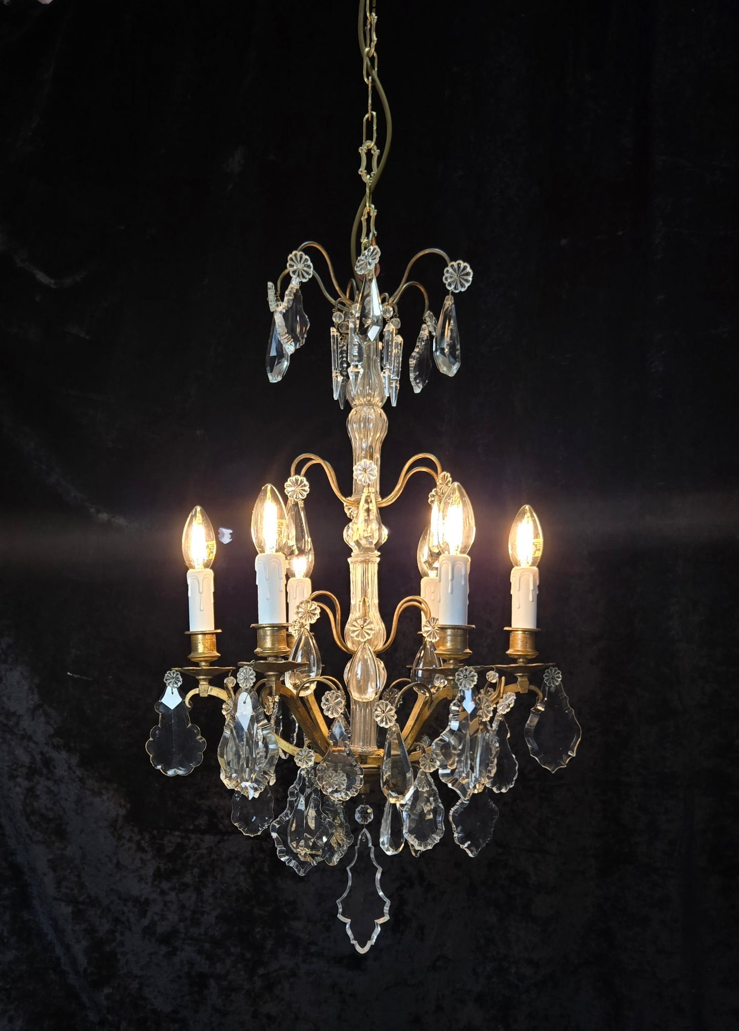 Traditional Tall Antique French 6 Arm Brass Crystal 3 Tier Chandelier Light