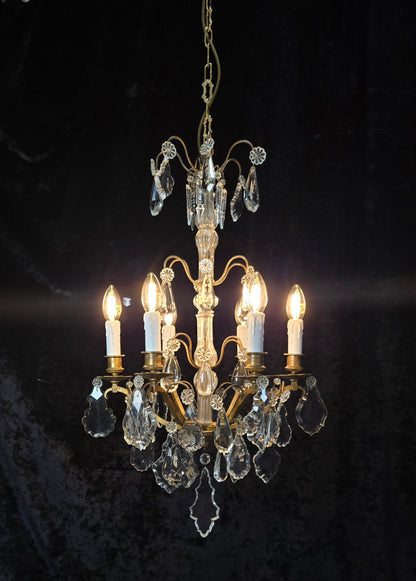 Traditional Tall Antique French 6 Arm Brass Crystal 3 Tier Chandelier Light