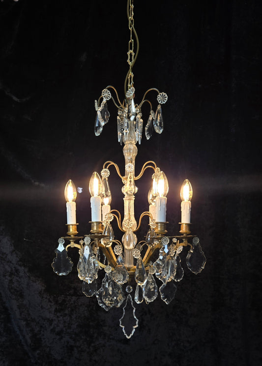 Traditional Tall Antique French 6 Arm Brass Crystal 3 Tier Chandelier Light
