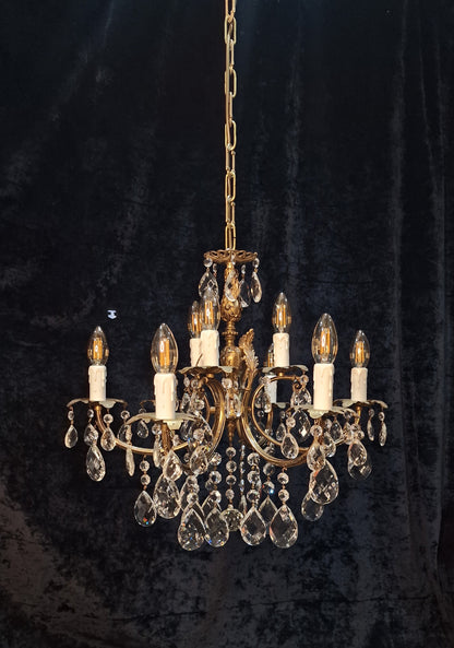 Stunning Antique French 6 Arm 9 Light Heavy Brass Crystal Leaf Chandelier