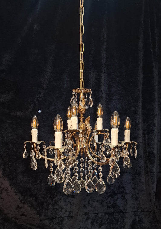 Stunning Antique French 6 Arm 9 Light Heavy Brass Crystal Leaf Chandelier