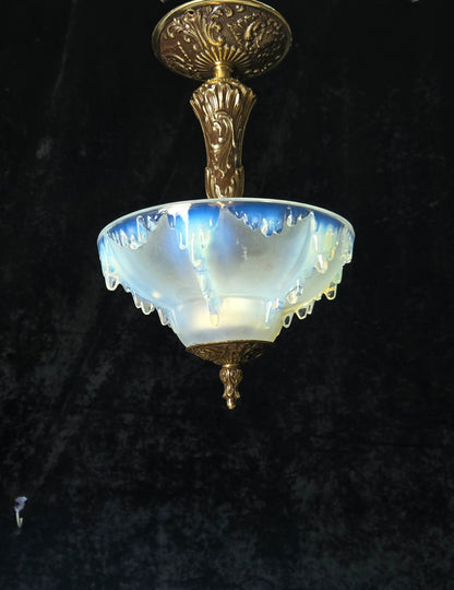 Unique Vintage 3 Light Brass EZAN Vaseline Glass Flush Ceiling Pendant Lantern