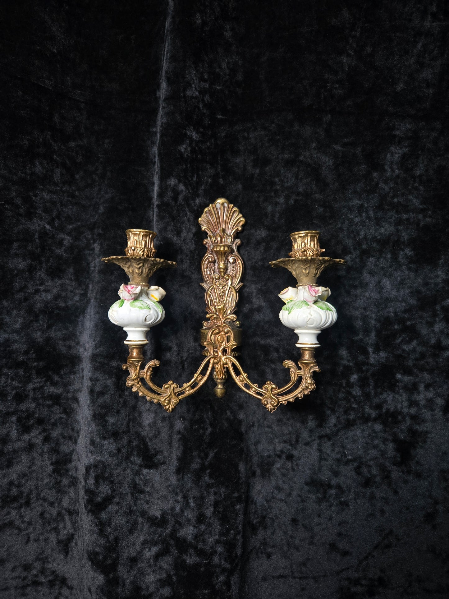Beautiful Pair Vintage Italian 2 Arm Brass Porcelain Candle Wall Lights Sconces