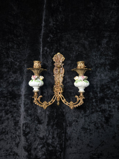Beautiful Pair Vintage Italian 2 Arm Brass Porcelain Candle Wall Lights Sconces
