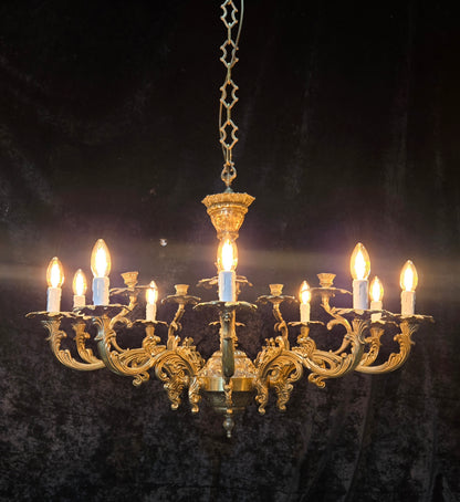 Fabulous Huge Heavy Vintage Italian Solid Brass 10 Arm 5 Candle Chandelier Light
