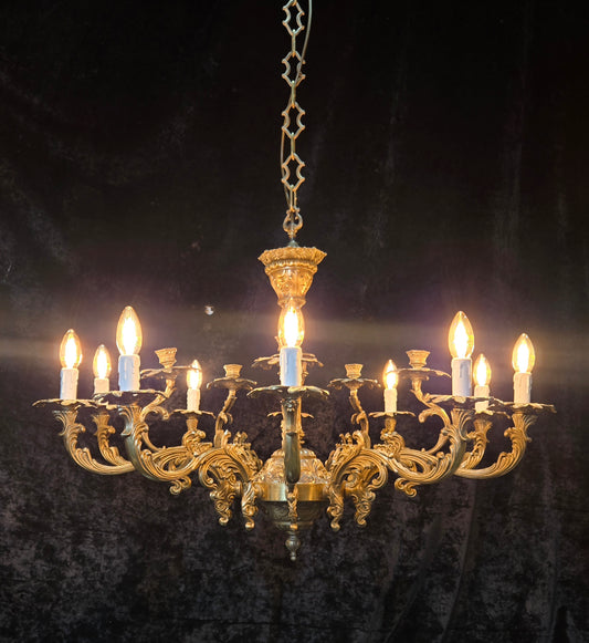 Fabulous Huge Heavy Vintage Italian Solid Brass 10 Arm 5 Candle Chandelier Light