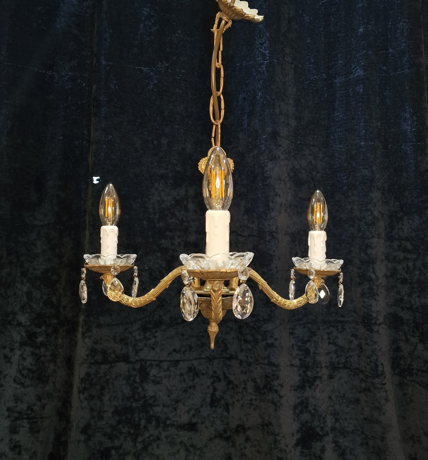 Lovely Vintage French Gilded Crystal Glass 3 Arm Chandelier Light