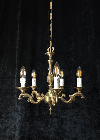 Classical Vintage French 5 Arm Brass Rococo Style Chandelier Ceiling Light