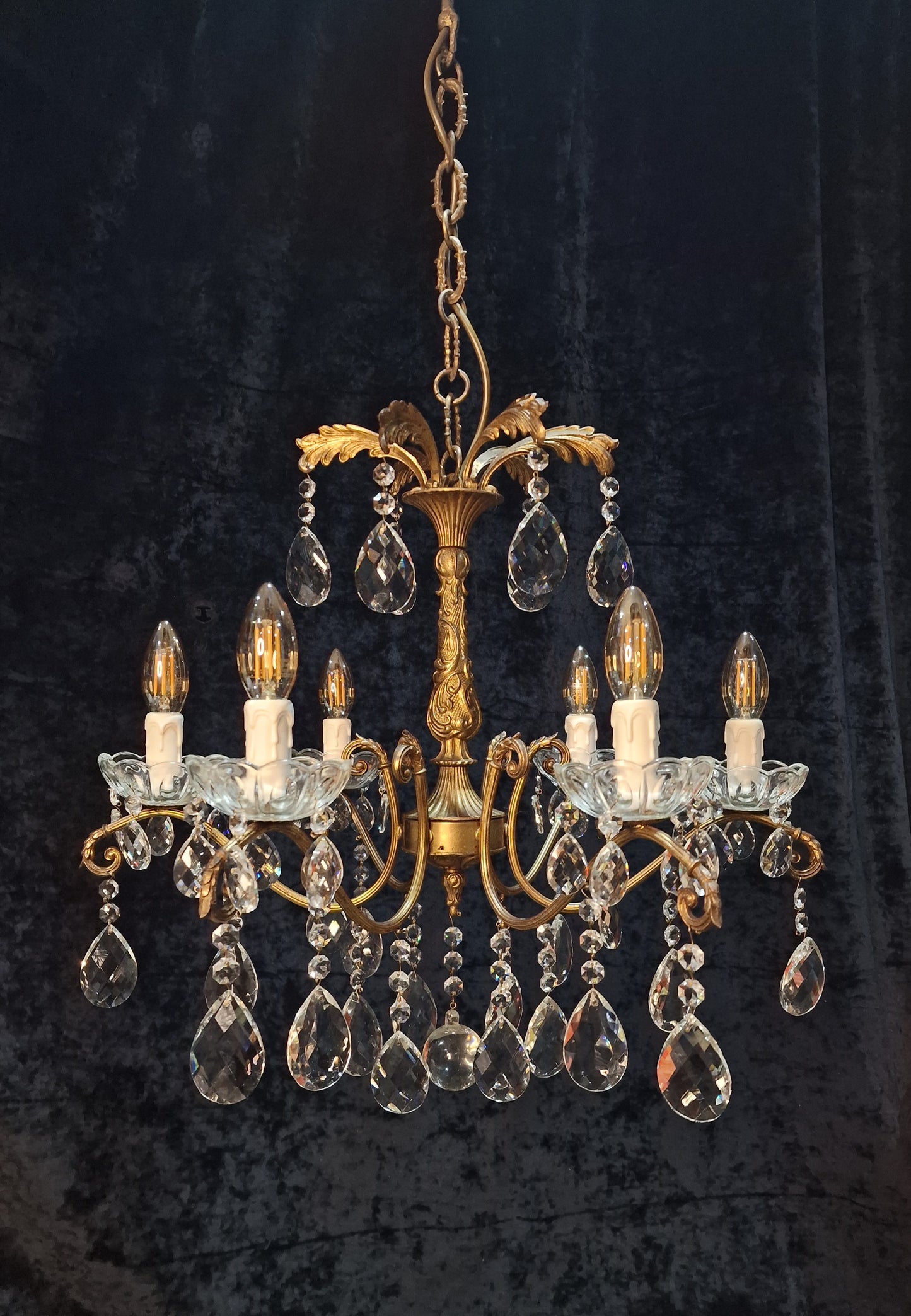Fabulous Antique French 6 Arm Heavy Brass Crystal Leaf Chandelier Ceiling Light