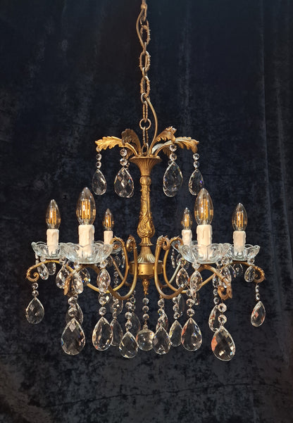 Fabulous Antique French 6 Arm Heavy Brass Crystal Leaf Chandelier Ceiling Light