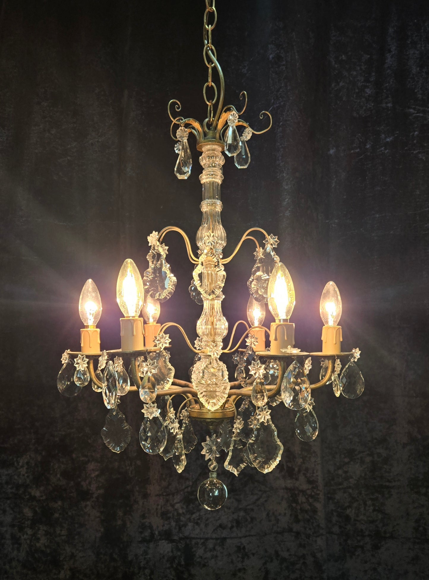 Beautiful Antique French 6 Arm Brass 3 Tier Crystal Chandelier Ceiling Light