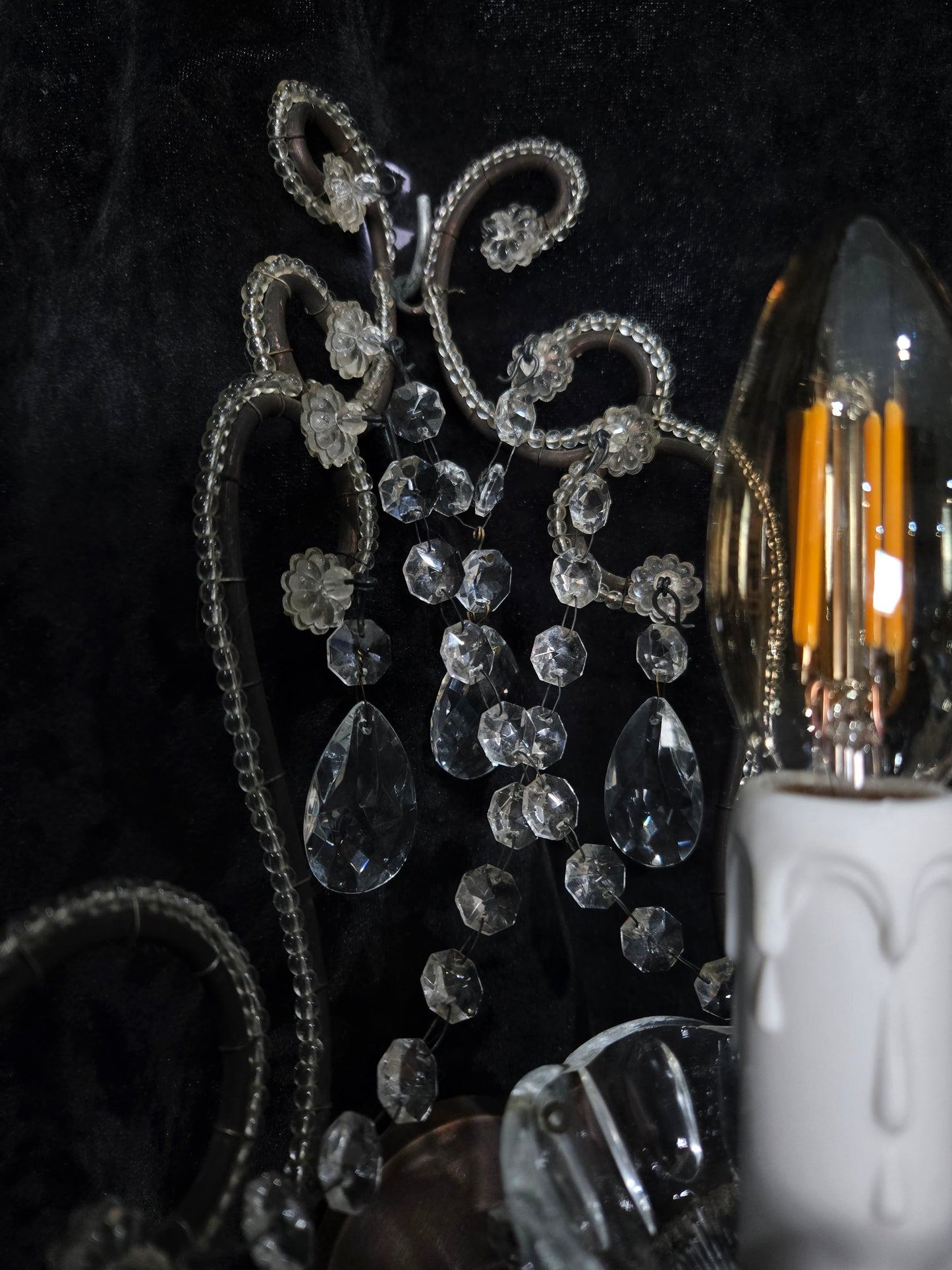Elegant Pair Vintage Italian Venetian Style Crystal Glass and Iron Wall Lights