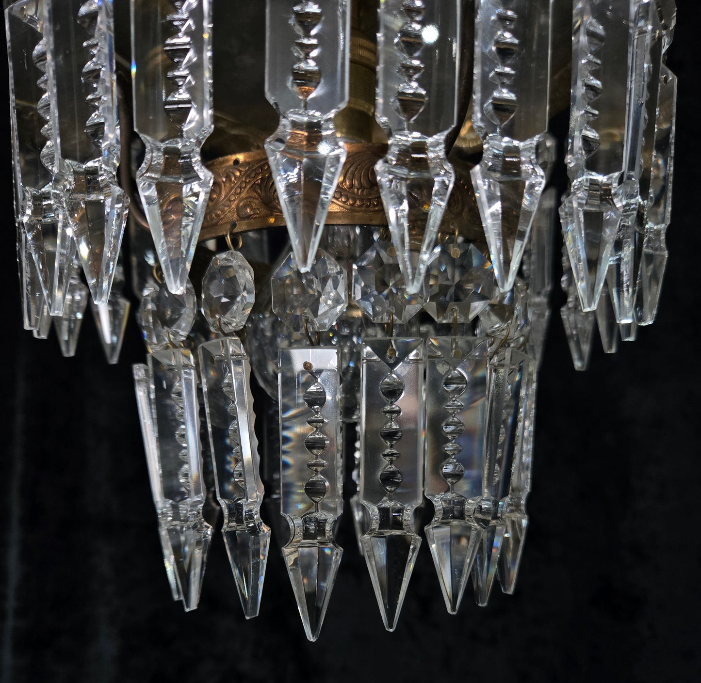 Beautiful Vintage French 2 Tier Waterfall Crystal Brass 1 Light Flush Chandelier