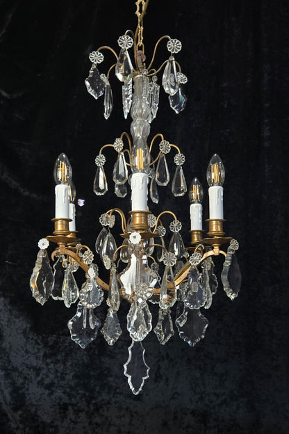 Traditional Tall Antique French 6 Arm Brass Crystal 3 Tier Chandelier Light