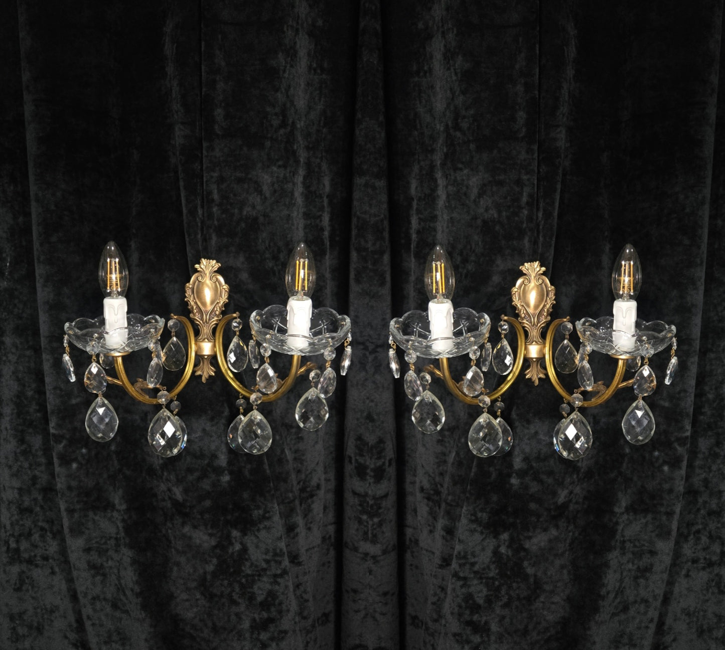 Lovely Pair of Vintage French 2 Arm Brass Leaf Crystal Wall Lights Sconces