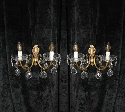 Lovely Pair of Vintage French 2 Arm Brass Leaf Crystal Wall Lights Sconces
