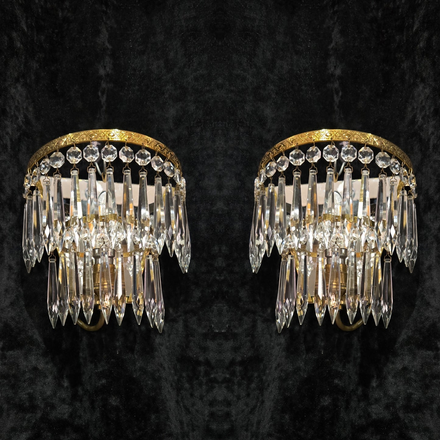 Lovely Pair Antique French 1 Light Crystal Brass Waterfall Mirror Wall Sconces