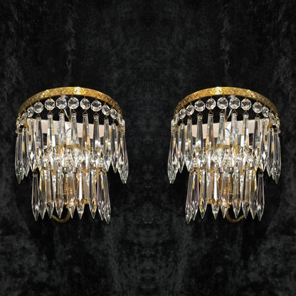 Lovely Pair Antique French 1 Light Crystal Brass Waterfall Mirror Wall Sconces