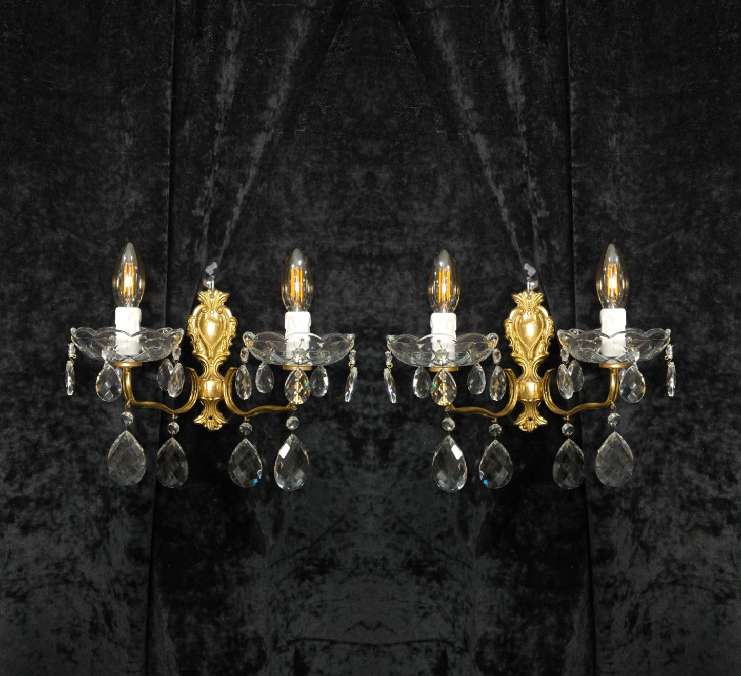 Fabulous Pair Vintage French 2 Arm Brass Leaf Crystal Wall Lights Sconces