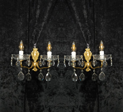 Fabulous Pair Vintage French 2 Arm Brass Leaf Crystal Wall Lights Sconces
