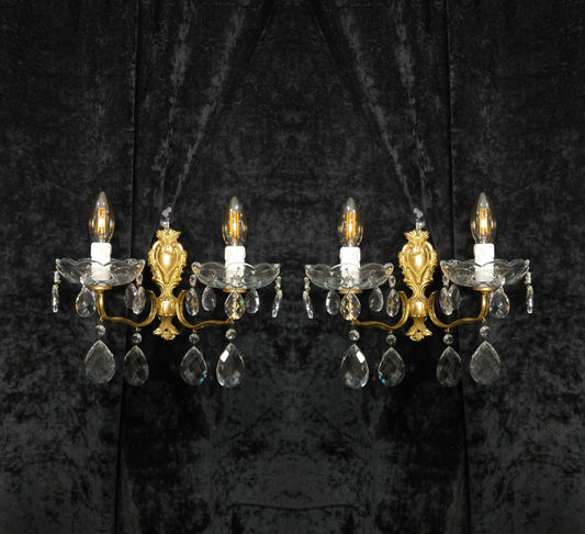 Fabulous Pair Vintage French 2 Arm Brass Leaf Crystal Wall Lights Sconces