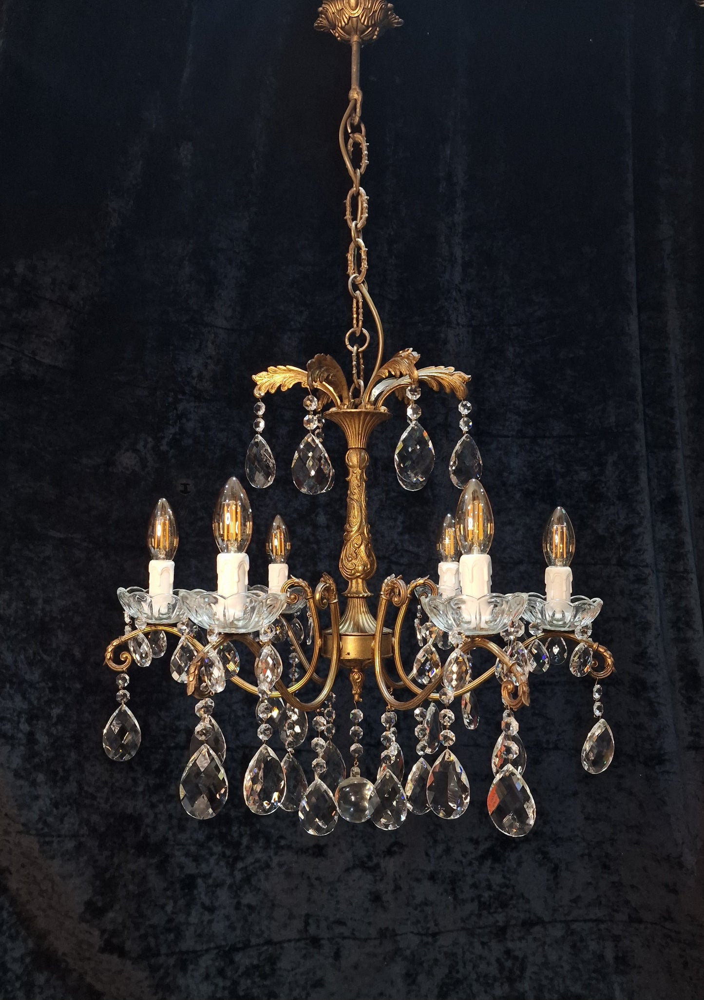 Fabulous Antique French 6 Arm Heavy Brass Crystal Leaf Chandelier Ceiling Light
