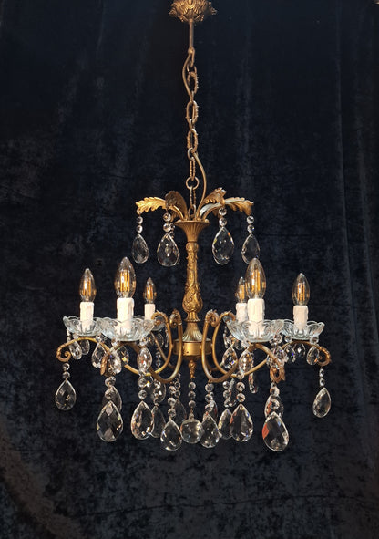 Fabulous Antique French 6 Arm Heavy Brass Crystal Leaf Chandelier Ceiling Light