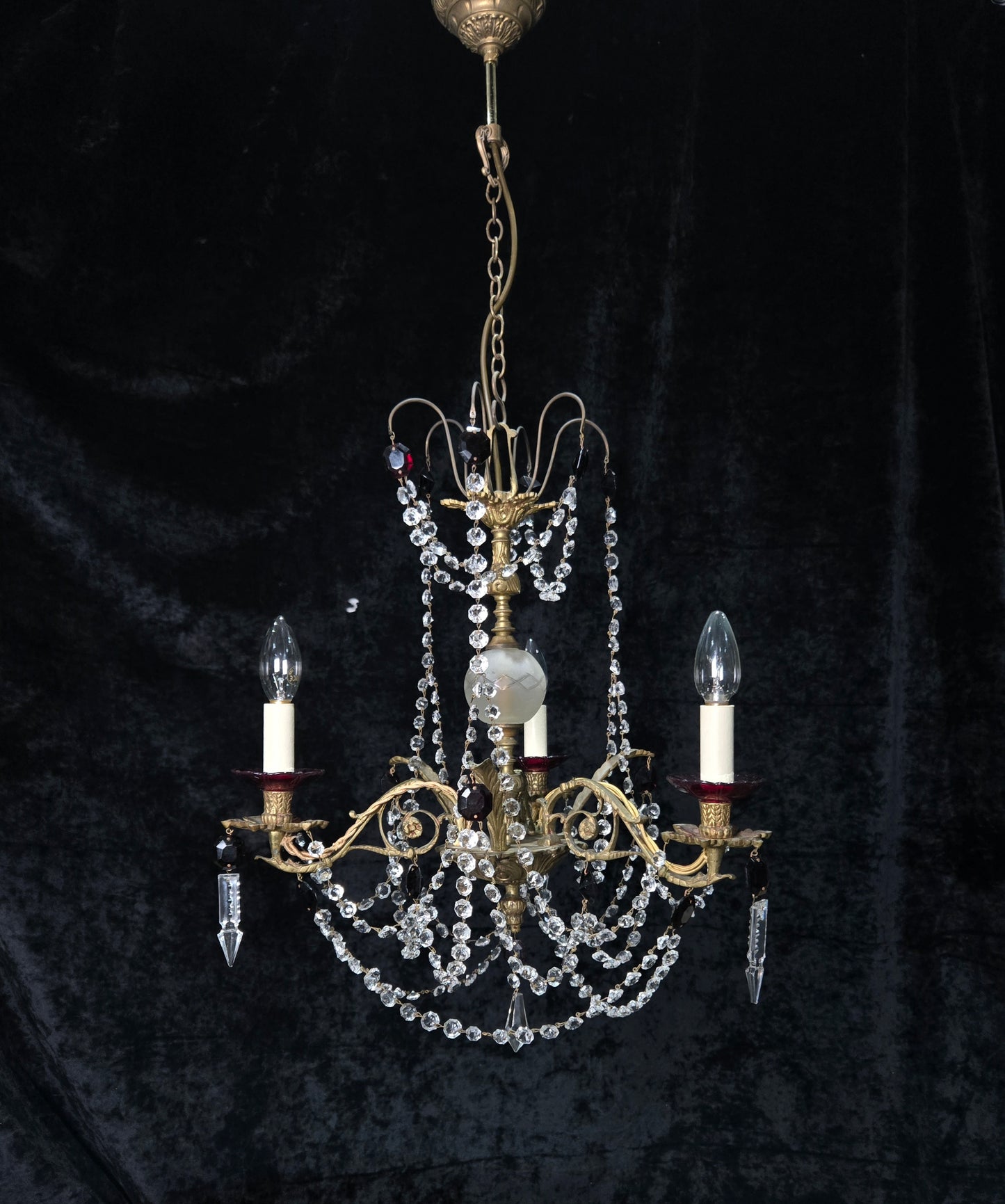 Stunning Antique French 3 Arm Glass Garnet Crystal Chandelier Ceiling Light