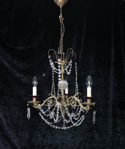 Stunning Antique French 3 Arm Glass Garnet Crystal Chandelier Ceiling Light