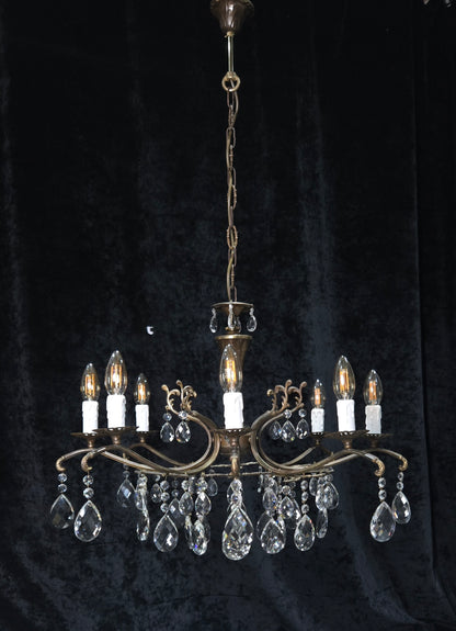 Gorgeous Vintage Italian 8 Arm Crystal Brass Leaf Chandelier Ceiling Light