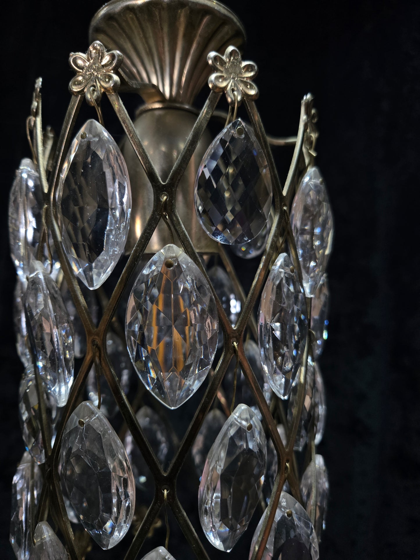 Unique Vintage Italian 1 Light Brass Small Cylinder Crystal Caged Chandelier