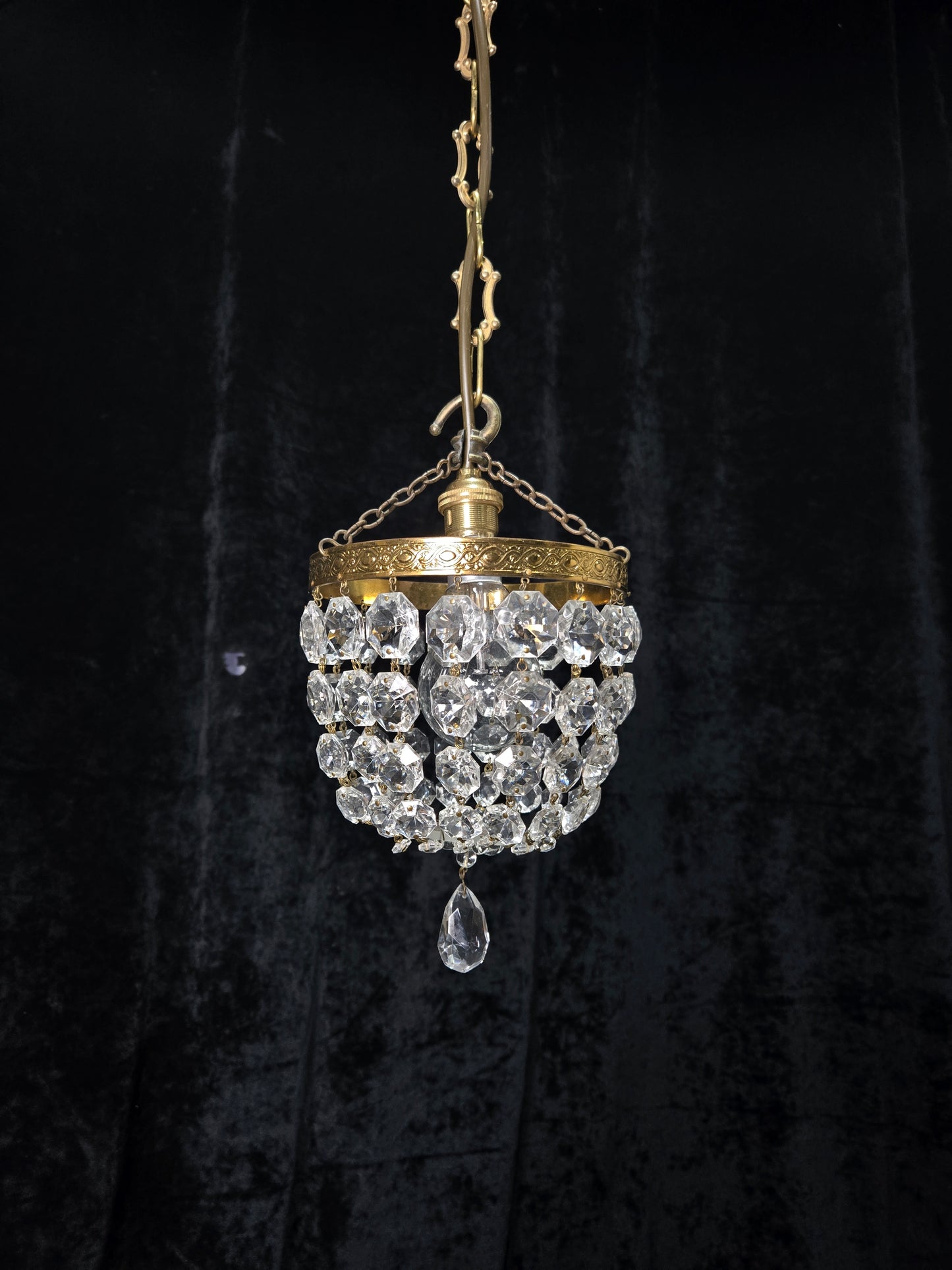 Petite Vintage French Crystal Half Bag Brass Leaf Chandelier Ceiling Light