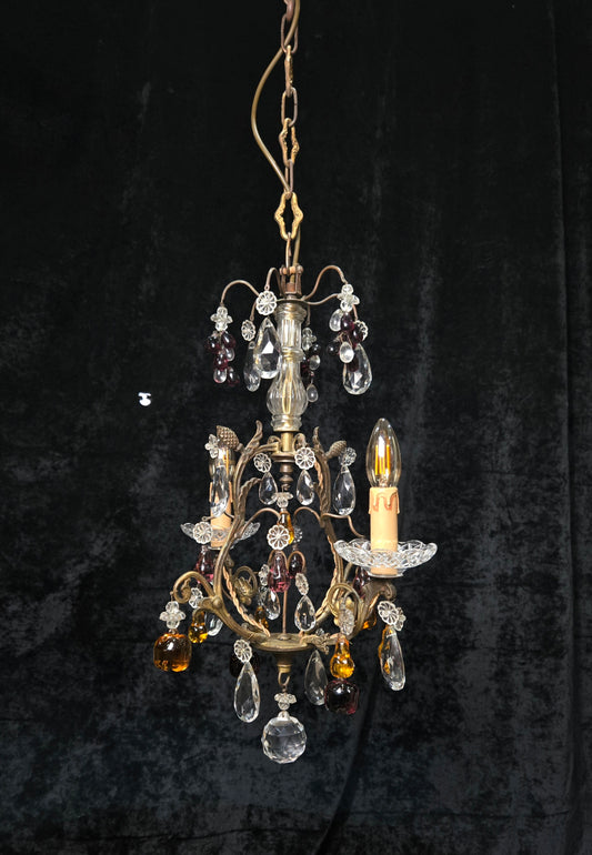 Exquisite Antique French 2 Arm Caged Murano Crystal Brass Chandelier Light