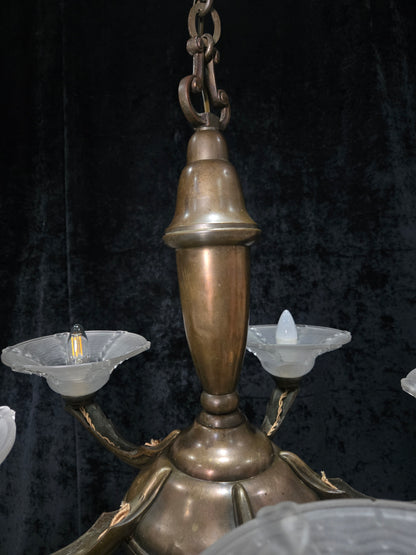 Large Antique French EZAN Art Deco 5 Arm 6 Light Brass Heavy Chandelier Light