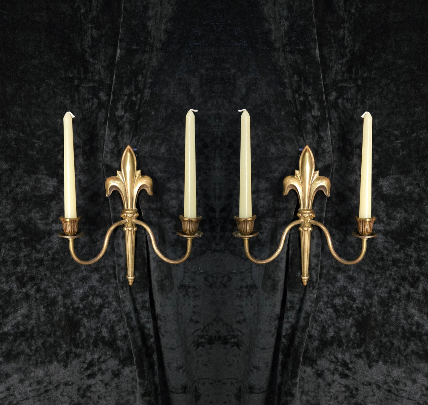 Decorative Pair Antique French Fleur De Lis Brass 2 Arm Candle Wall Lights