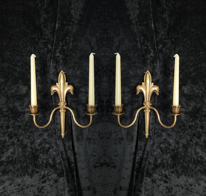 Decorative Pair Antique French Fleur De Lis Brass 2 Arm Candle Wall Lights