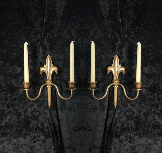 Decorative Pair Antique French Fleur De Lis Brass 2 Arm Candle Wall Lights