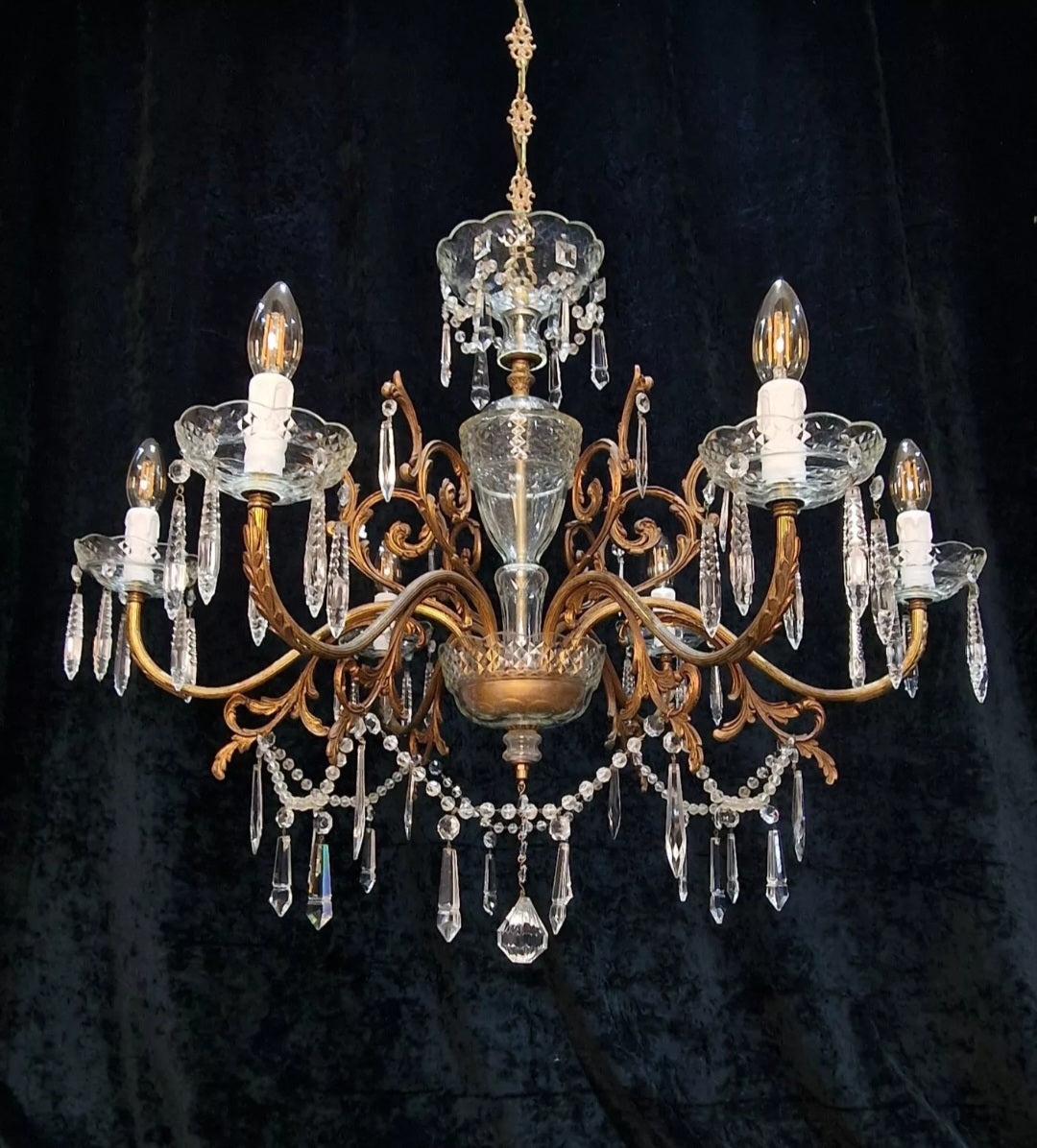 Stunning Large Vintage Italian 6 Arm Brass Crystal and Glass Chandelier Light