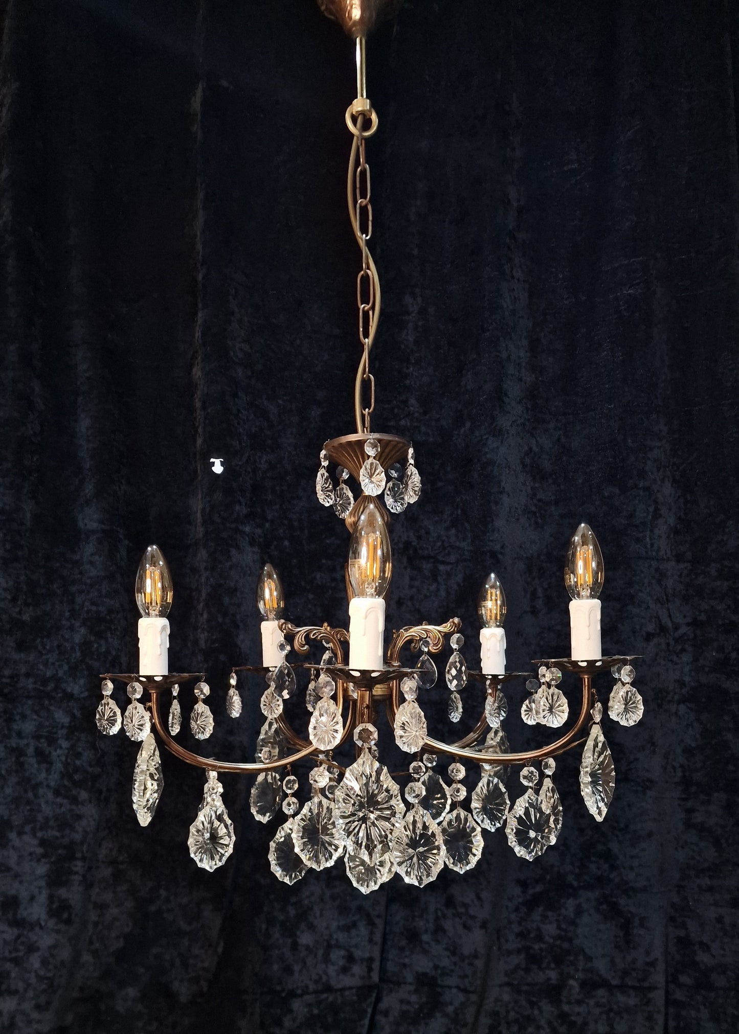 Beautiful Elegant Vintage Italian 5 Arm Brass Crystal Chandelier Ceiling Light