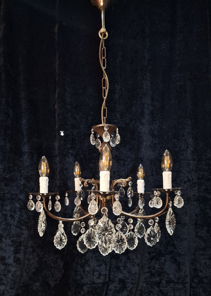 Beautiful Elegant Vintage Italian 5 Arm Brass Crystal Chandelier Ceiling Light