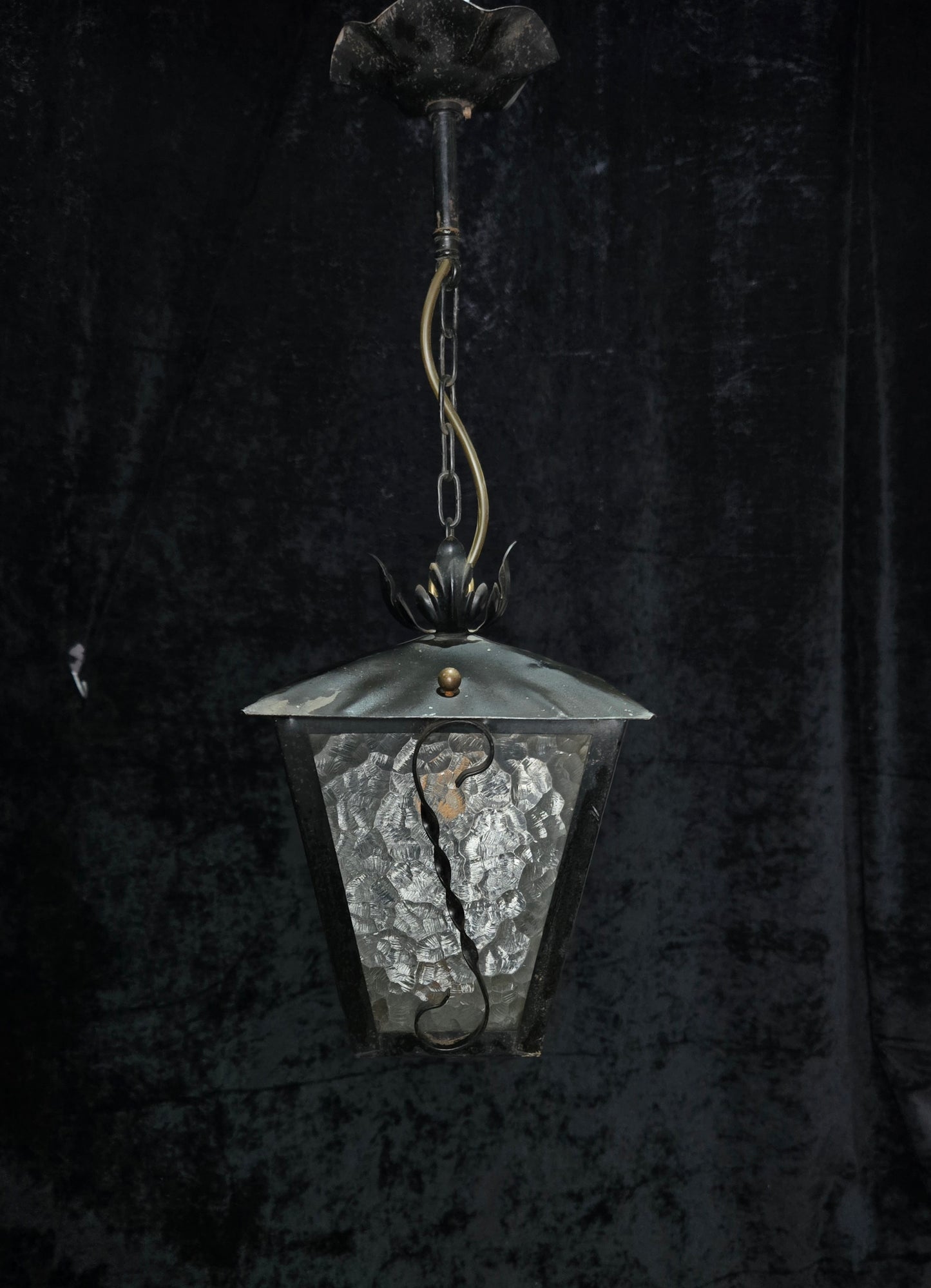 Lovely Vintage French Wrought Iron Gothic Patterned Glass Lantern Light