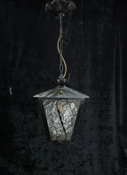 Lovely Vintage French Wrought Iron Gothic Patterned Glass Lantern Light